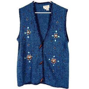 Vintage Lady Lilly Cardigan Embellished Bejeweled Knit Sweater Blue Size 2X